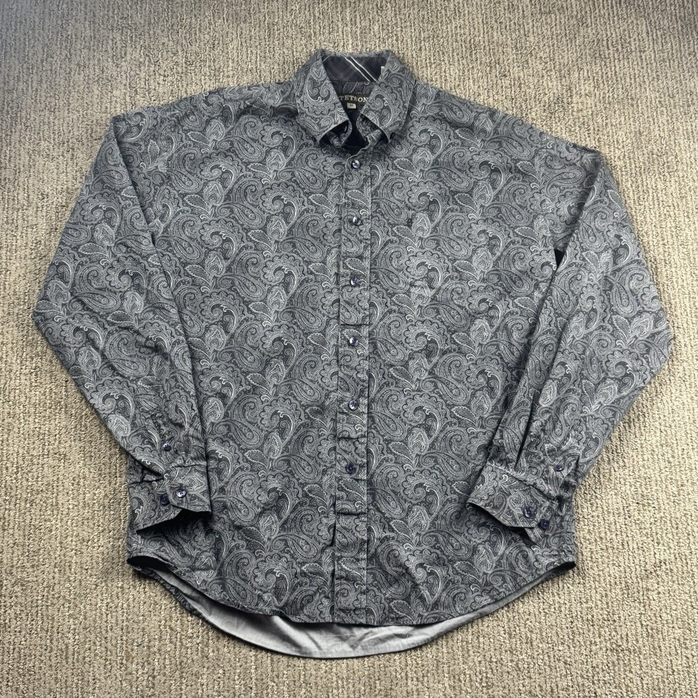 Stetson Paisley Button Up Shirt Mens M Long Sleeve Cotton Grey Western Cowboy